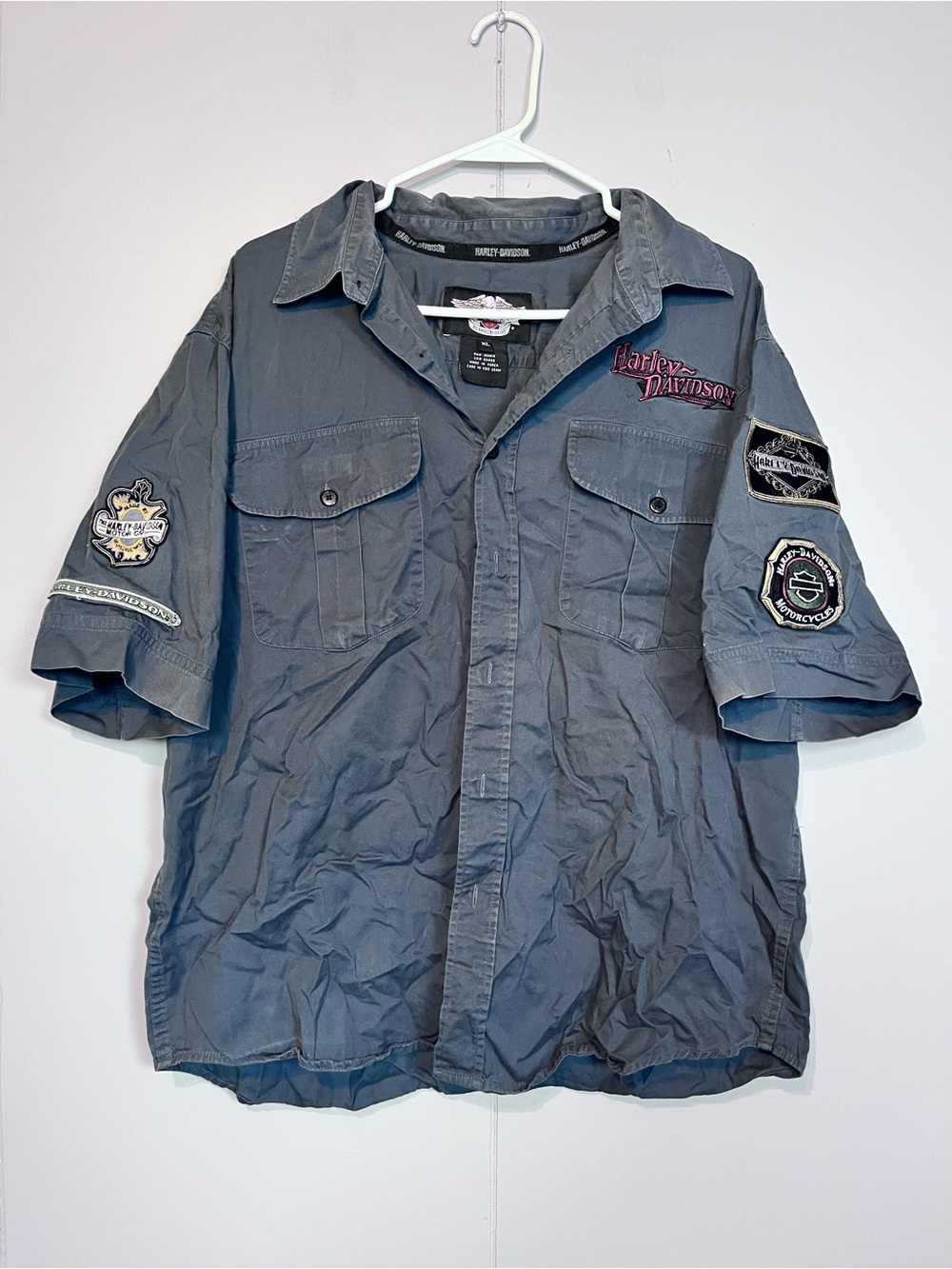 Harley-Davidson MotorClothes Gray Embroidered Patch Button-Up Shirt Men’s XL